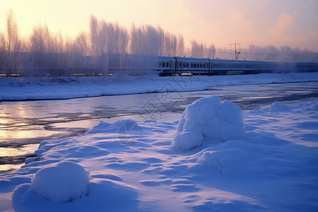 城市雪景中运输的火车图片