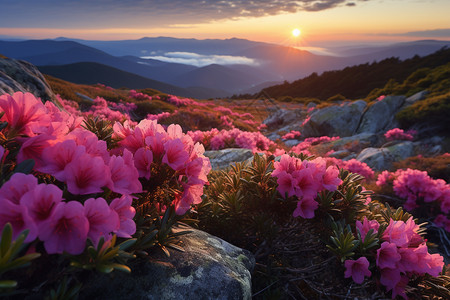 山脉中盛开的粉红色花朵图片