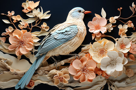 鸟类和花卉艺术插画图片