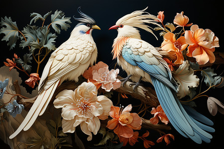 迷人的鸟儿和鲜花插图背景图片
