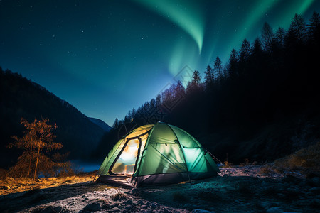 帐篷 夜景大自然美丽的极光背景