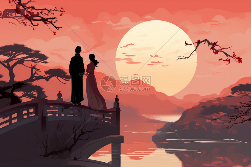 复古传统七夕插画图片