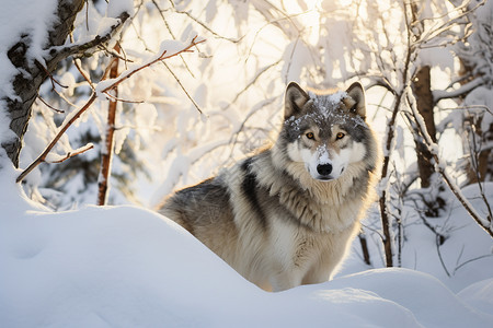 白雪皑皑雪山中的孤狼图片