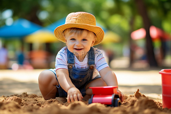 户外公园玩沙子的小男孩图片