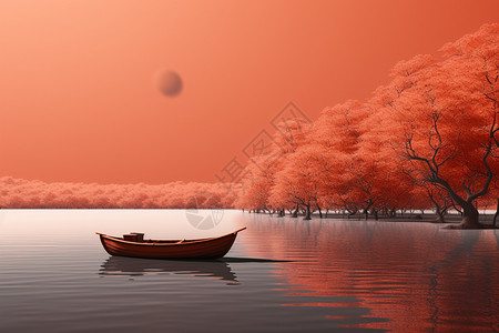 秋天停在湖面上的小船插画