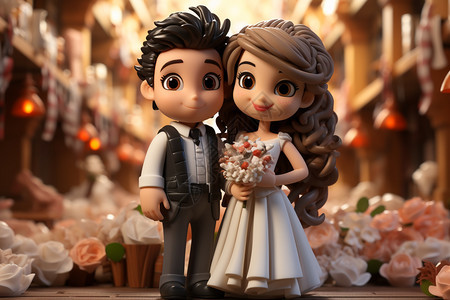 可爱卡通的新娘和新郎的3D手办图片
