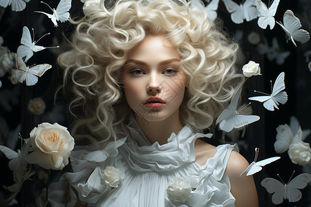 蝴蝶和玫瑰花背景下的白发女孩的特写肖像图片