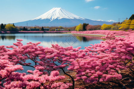 开满樱花的富士山脚下高清图片