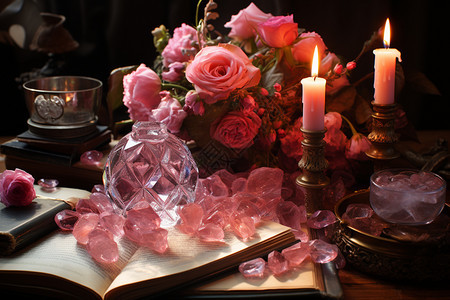 粉色水晶和美丽的粉色玫瑰图片