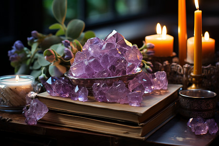 燃烧的蜡烛复古书籍搭配着紫水晶背景图片
