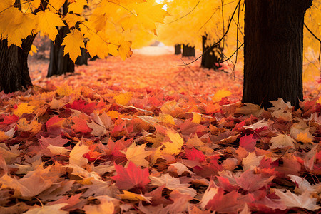 十月公园地上的落叶背景图片