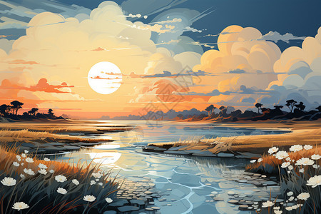 落日自然风景平面插图背景图片