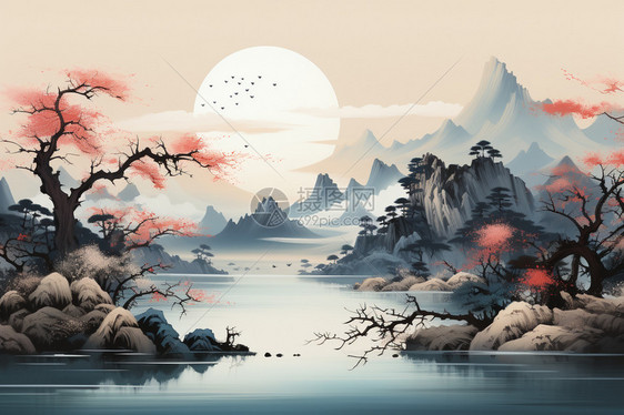 中式山水意境插图图片