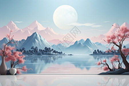 风景插图悠远的高山河流装饰画设计图片