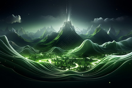 抽象绿色波浪的3D景观背景图片