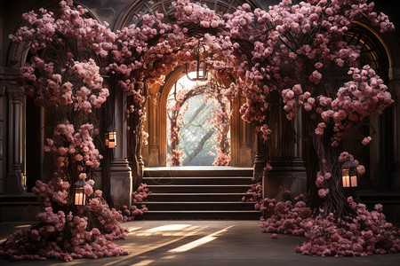 粉色鲜花拱门装饰图片