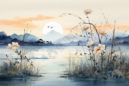 白露湖边的风景水墨画图片