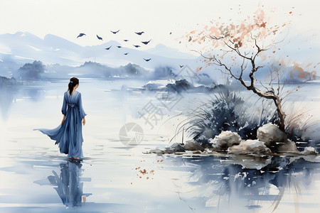 湖景水墨画图片