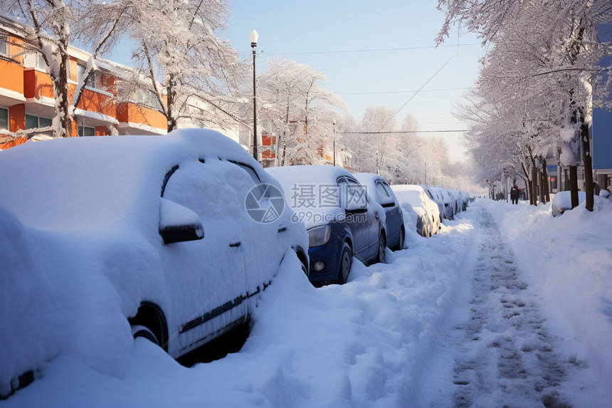 暴风雪过后被雪覆盖的汽车图片