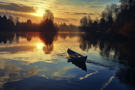 日落时湖中的船只图片