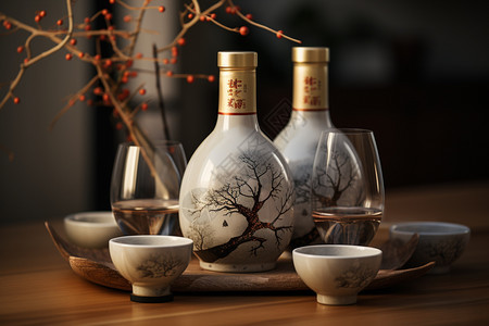 中国传统的立体雕花陶瓷酒具图片