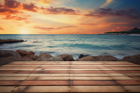 海滩木板海滩与夕阳落日美景背景