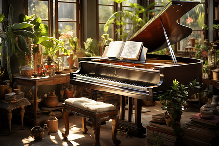 阳光花房中的钢琴图片