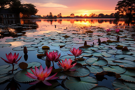 公园池塘中美丽的莲花图片