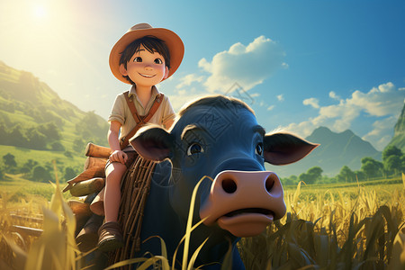 卡通风格乡野中耕作的小男孩背景图片
