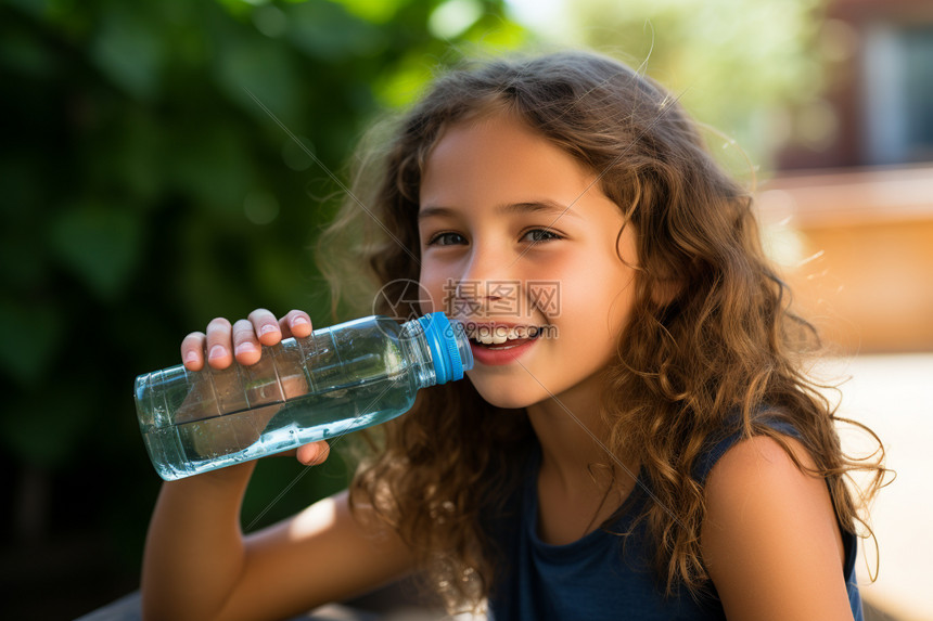 夏季户外喝水的小女孩图片