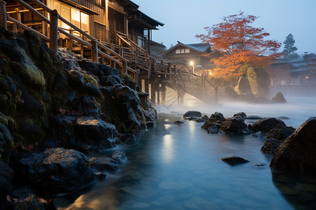 户外温泉户外舒适的日式温泉背景