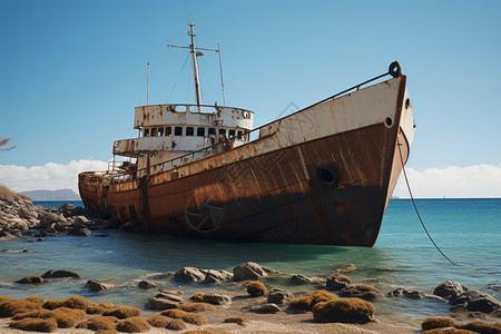 搁浅海岸线上生锈的沉船背景图片