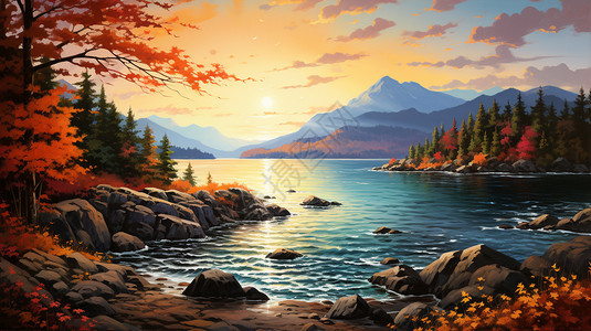 秋天森林湖泊的美丽景观图片