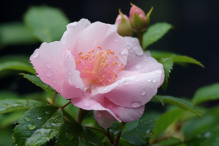飞舞的花瓣雨水下的粉色花朵背景