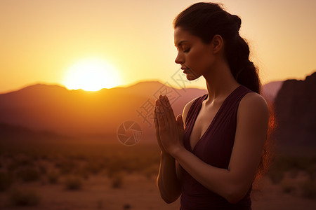 日落时沙漠中祈祷的女子图片