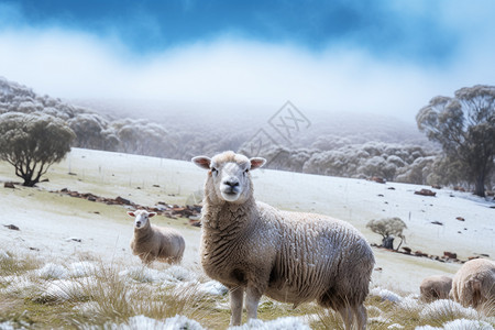 寒冷雪山上的绵羊图片