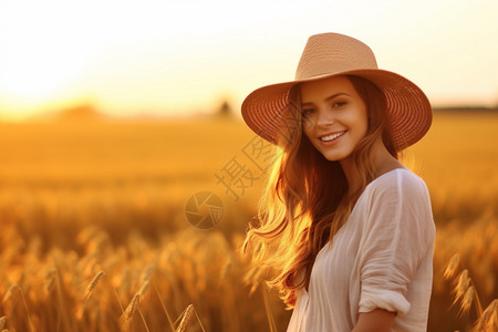 日落时稻田中美丽的女子图片
