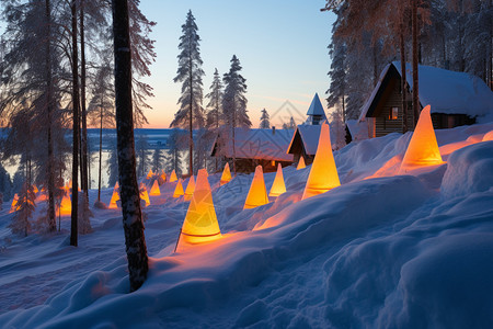 露营夜晚冬天发光的雪地背景