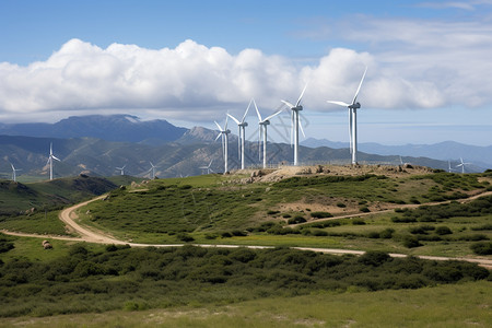 辽阔草原上的风力涡轮发电机背景图片