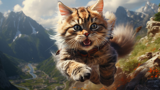 山间跑步山间奔跑玩耍的可爱猫咪插画