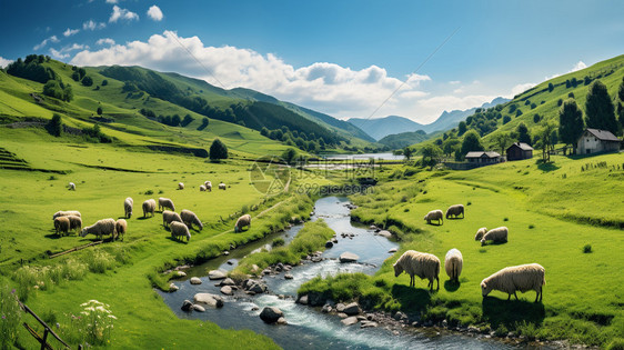 夏季山涧草原上的绵羊图片