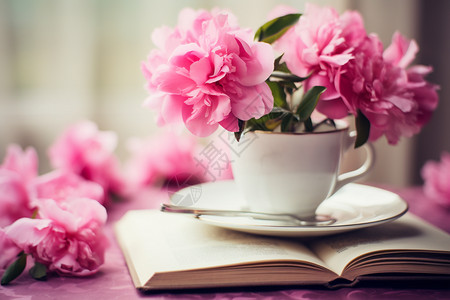 茶杯中的粉色牡丹花图片