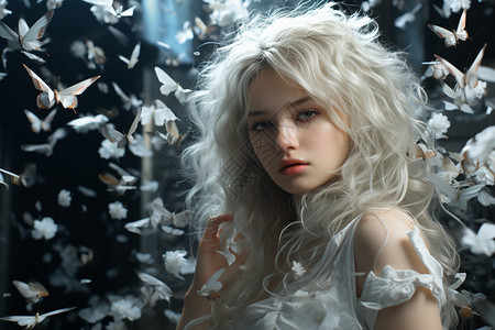白发的女孩与美丽的白蝴蝶图片