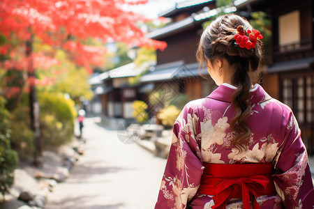 穿和服的年轻女子背影背景图片