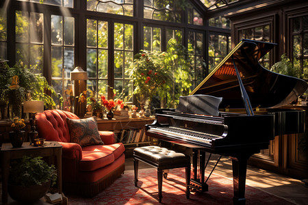 阳光明媚的钢琴室背景