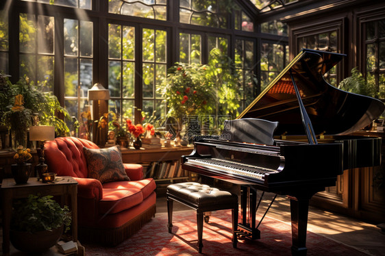 阳光明媚的钢琴室图片