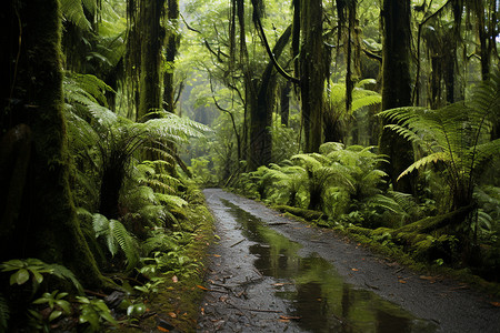 雨后森林中的湿滑道路图片