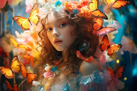 头发被蝴蝶包围的美丽少女图片