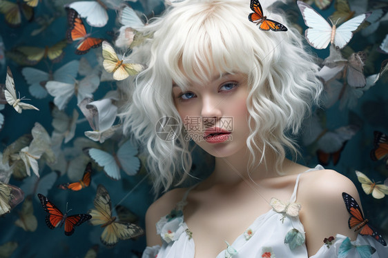 白色头发的女孩和迷人的蝴蝶图片