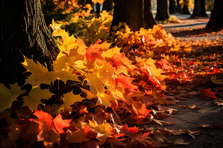 秋天森林公园的落叶图片